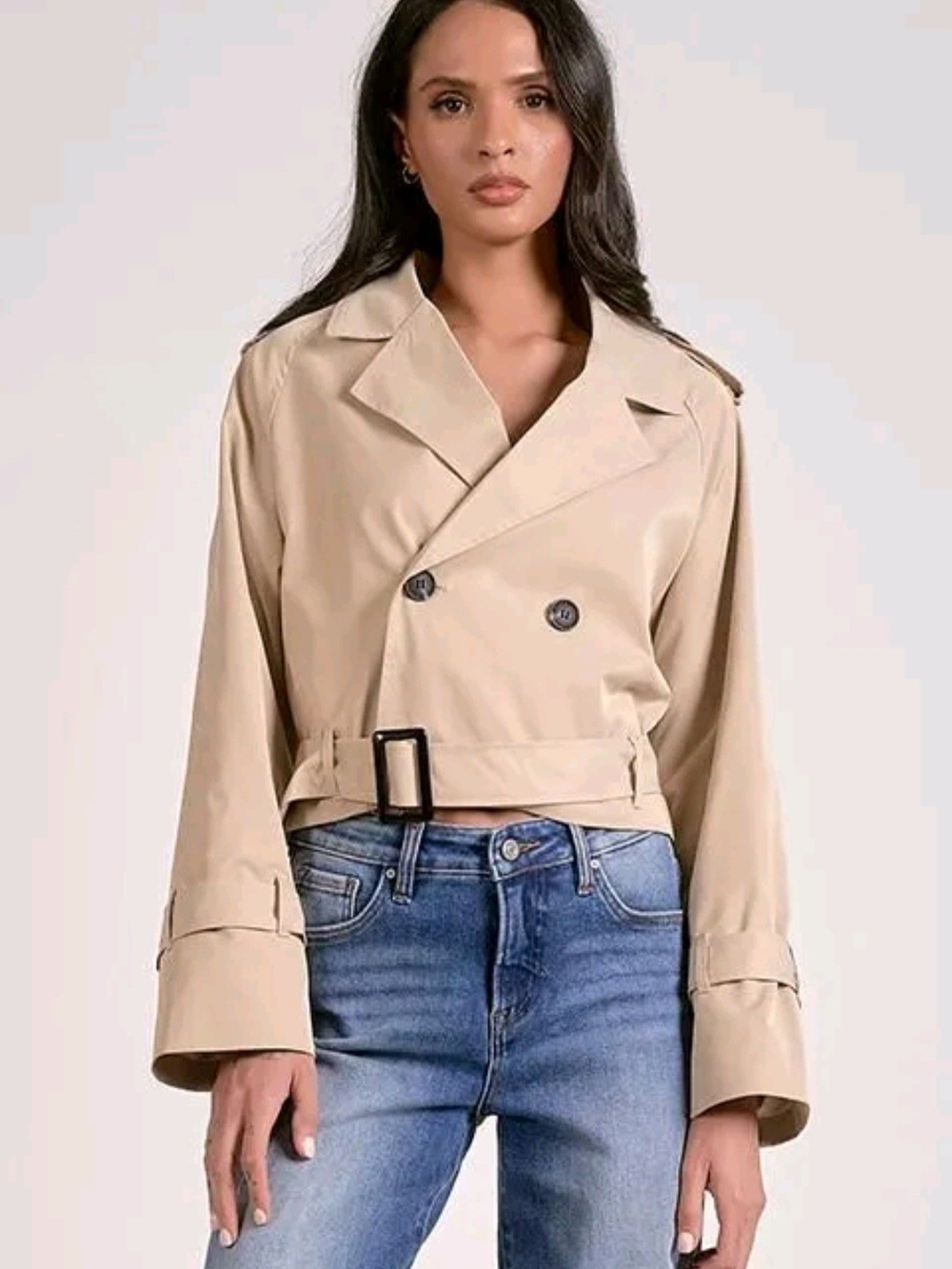 Cropped Beige Trench Jacket with Belt